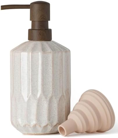 Keramik Seifenspender 450ml, Flüssigseifenspender mit Pumpe für Bad & Küche | Elegantes Rillenmuster aus Keramik, Holzoptik-Pumpe, Silikon-Trichter zum einfachen Nachfüllen, ideal