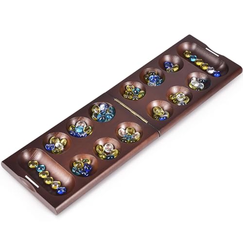 Juego de mesa Mancala de madera con piedras de vidrio miniatura 3