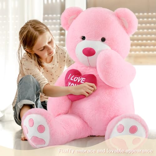 MorisMos 130cm Teddybär groß XXL mit Herz I Love You, Rosa riesen Teddys, großer Bär Kuscheltier XXL, Kinder Mädchen Freundin Frauen Mutter