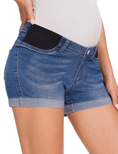 fitglam Women's Maternity Jean Shorts Under Belly Maternity Lounge Denim Shorts Pregnancy Comfy Clothes with Elastic Panel(Dark Blue, Small)