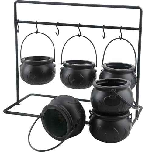 6 Pack Small Halloween Witch Cauldron Candy Bowl Plastic Black Cauldron Serving Bowls with Halloween Cauldron On Rack and 6 Pack Hook for Halloween Party Decoration