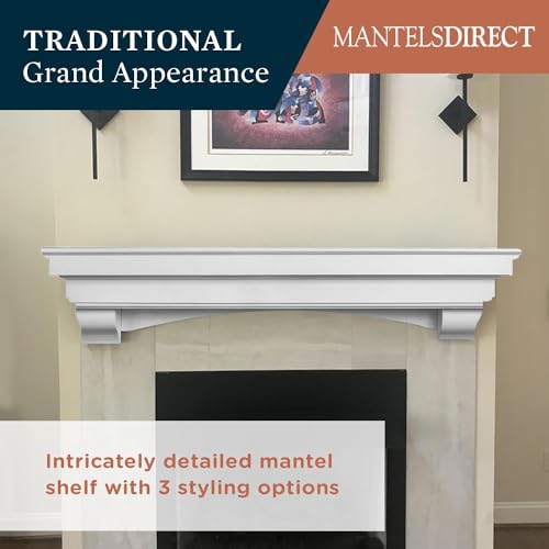 Image of MANTELSDIRECT Mantels Direct Salem Wood Mantel Shelf with Arched Corbels - White 48 Inch | Wooden Rustic Wall Mounted Shelf from Pine Wood - Perfect for Fireplaces, TVs & Decor