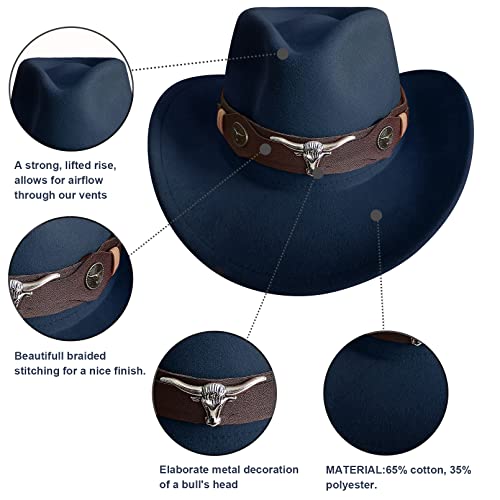 Rainflowwer Cowboy Hat Men, Royal Blue Cowboy Hat For Women, Western Style Hat With Wide Belt Wide Brim #TOP6