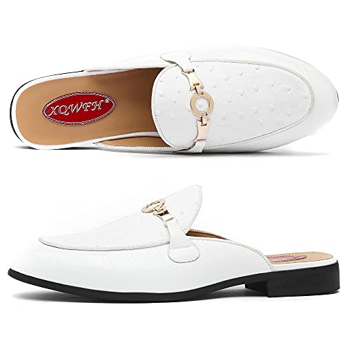 Xqwfh Men's Slip-On Mule Sandals Loafer With Ostrich Texture,Fashion Leather Formal Wear Casual Backless Dress Slippers(White) #TOP1