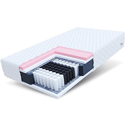 Colchón FDM Euphorie 90x200 con muelles ensacados y 7 Zonas Diferentes Altura 24 cm Rigidez H2 H3 Espuma viscos Apta para alérgicos Funda extraíble y Lavable Blanca