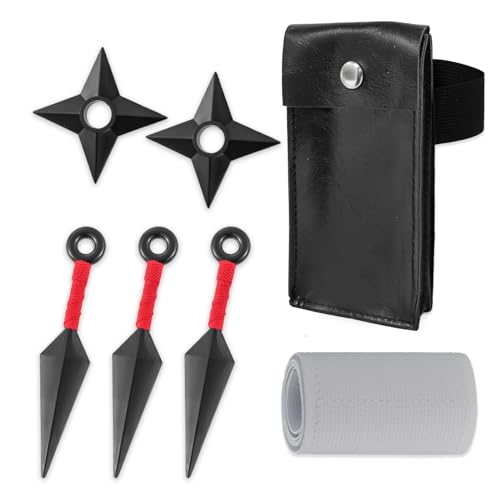 OOHGLITZ 7-Piece Anime Cosplay Kit ABS Plastic Ninja Kunai (5.1) Throwing Stars/Shuriken(3.5) Toy Set with Pouch and Bandage for Anime Fans Martial Arts Props Black