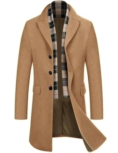 COOFANDY Men's Wool Blend Coat with Plaid Scarf