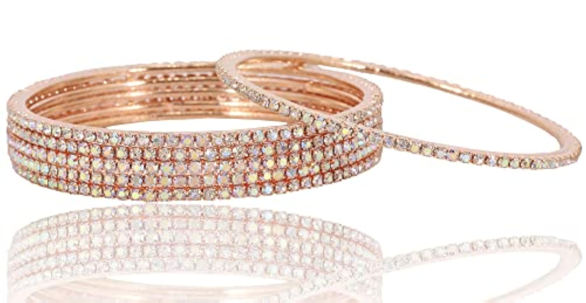 Zircon Gemstone Studded Bangle Set, RoseGold-Rainbow, Pack of 12