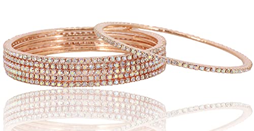 Zircon Gemstone Studded Bangle Set, RoseGold-Rainbow, Pack of 12