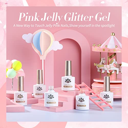Born Pretty Jelly Nude Pink Gel Nail Polish Glitter Gel Polish Milky Sheer Shimmer Iridescent Holographic Gel Nail Polish Crystal Transparent Translucent Natural Gel Polish Nail Art Varnish Collection #TOP6