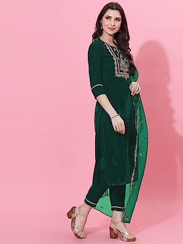 Image of SIRIL Women's Velvet Embroidery Straight Kurta Pant with Dupatta