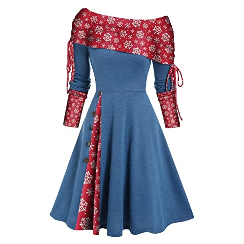Weihnachtskleid Damen, 50er Jahre Rockabilly Kleid Swing A-Linien Coctailkleid