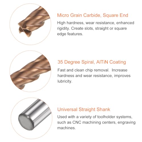 Image of HARFINGTON Micro Grain Carbide Square End Mill 3 /16 inch x 25 /32 inch (5mm x 20mm) Cut 3 /16 inch (5mm) Shank 4 inch (100mm) Length AlTiN Coated 4 Flutes Square Nose Cutter for Alloy Steel Hardened Steel