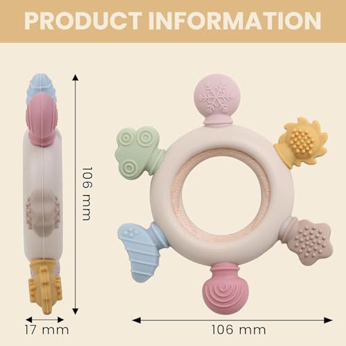 Image of Silicone Baby Teething Ring, Multi-Coloured Textured Sensory Toy with 6 Soothing Elements Baby Teether 6-12 Months Soft