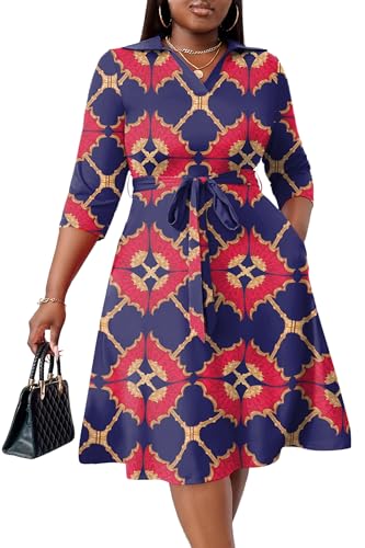 Image of FANDEE Plus Size Midi Dress for Women - Printing Summer Dresses for Wedding Guest Cocktail Party 3 /4 Sleeve V Neck（L-5XL）