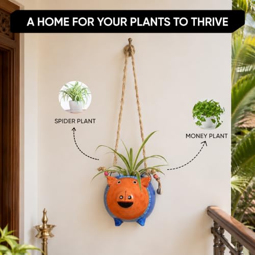 Image of AAKRITI ART CREATIONS Terracotta Hanging Planter | Blue Pig Design with Jute Hanger, Modern Art, Matte Finish | Decorative Hanging Pot for Indoor & Outdoor Home Decor
