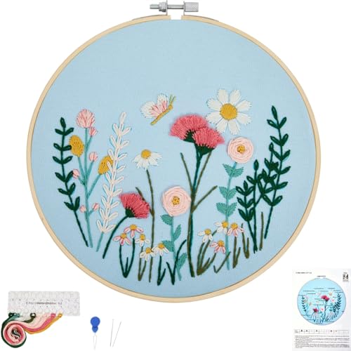 Image of Flower Embroidery Kits for Beginners Adults, Hand DIY Embroidery Art Kits, Floral Stamped Cross Stitch Kits for Beginner Adults Craft Kits for Women, Entire Set of Embroidery Supplies & Video Tutorial