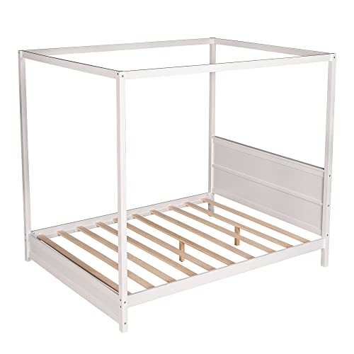 Queen Size Canopy Bed Wood 4-Poster Platform Beds, Modern Queen Bed Frame With Headboard, No Box Spring Needed, White #TOP5