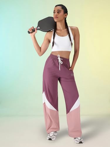 Image of CHKOKKO Women's Nylon Track Pants with Colorblock Design | Lightweight Breathable Sports Pant | Relaxed Fit Activewear for Workout, Training & Everyday Comfort
