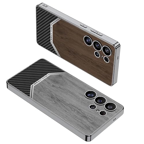 Image of TechTrendz Shockproof Electroplated Ultra Luxurious Vintage Wooden Grain Texture Leather Back Cover Case for Samsung Galaxy S25 Ultra 5G Carbon Fiber Camera Protection Business Cover (Black)