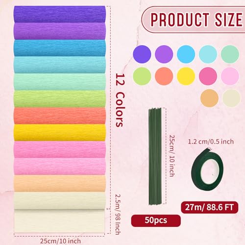 fuceury Rolos de Papel Crepom de 12 Cores, Folhas de Papel Crepom de 10x98