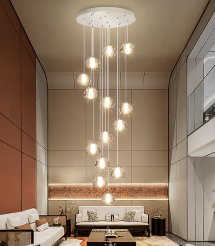 Image of 14-Light Modern Chandeliers for Entrance High Ceiling Chandelier Long Lights Fixture LED Ceiling Light Bubble Crystal for Hallway Foyer Stairwell