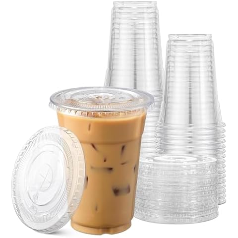 TashiBox Plastic Cups with Flat Lids 100 Sets 16 oz, Clear Crystal drink cups with lids Cover