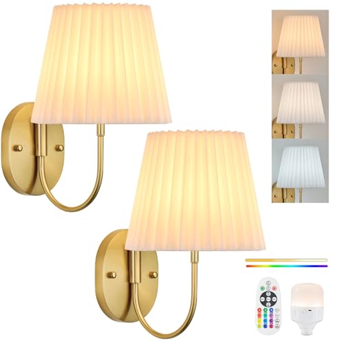 Image of PASSICA DECOR Battery Operated Wall Sconces Set of 2 Premium Fabric Pleated Shade, Rechargeable LED Lights with 15 Colors, Remote Control, Timer for Bedroom, Living Room, Kids' Room