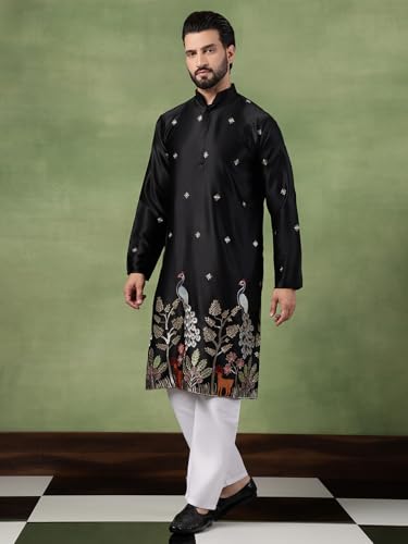 Image of SOJANYA (Since 1958 Men's Cotton Silk Flora & Fauna Embroidered Long Kurta