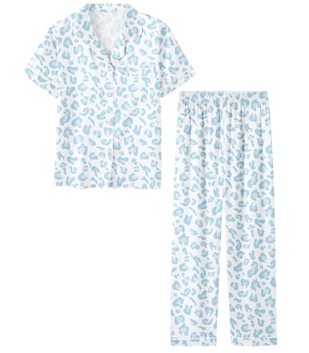 Umeyda Girls Womens Pajamas Set, Satin Silky Button Down Loungewear 2 Piece Short Sleeve Pants PJS Sets for Mommy Kids