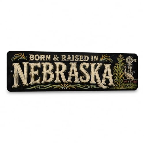 Vintage "BORN & RAISED IN NEBRASKA" Chalkboard Metal Sign — State Pride Wall Decor — 15"x 5" Aluminum Sign for Transplants, Hometown Bars & Gift-Giving