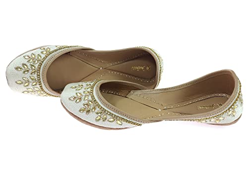Image of Fulkari Women's Dolli Gold Genuine Soft Leather Embroidered Jutis | Bite and Pinch Free Jutti | Punjabi Formal Juttis | Girl's Wedding Flat Ladies Mojari | Formal Ethnic Juti |