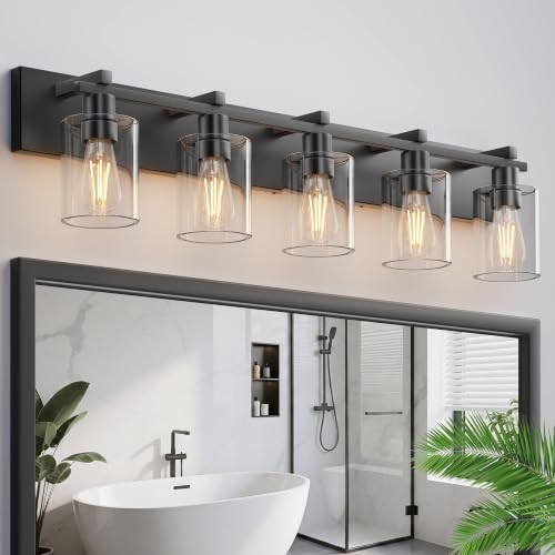 Image of Bathroom Vanity Light,5 Light Matte Black Light Fixture with Thickened Clear Glass Shade, 37 inch Modern Wall Sconce, Bathrooms Vanity Light Over Mirror for Bathroom