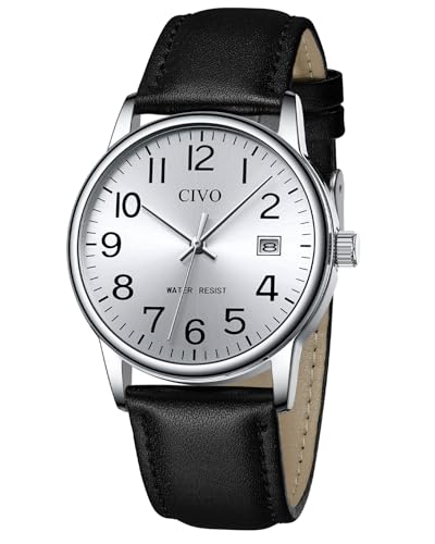 CIVO Herren Uhr Analog Armbanduhr: Schwarze Lederarmband Quarz Wasserdicht Uhren - Groß Zahlen Armbanduhr Herren mit Datum Geschenke für Männer, Silber