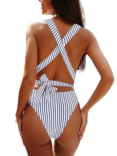 Image of Lilosy Sexy Tie Criss Cross Plunge One Piece Thong Swimsuit High Cut Brazilian Bathing Suit