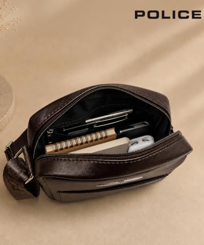 Image of Police Men's Premium Crossbody Sling Bag | Vegan Leather Finish | Lightweight & Compact Travel Shoulder Bag | Adjustable Strap | Multiple Compartments | Stylish Everyday Office & Casual Use | Brown