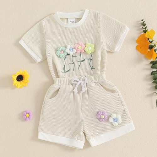 Kaipiclos Flower Embroidered Toddler Boy Girl Summer Outfit Waffled Baby Clothes Short Sleeve T-Shirt Tops Shorts Set3