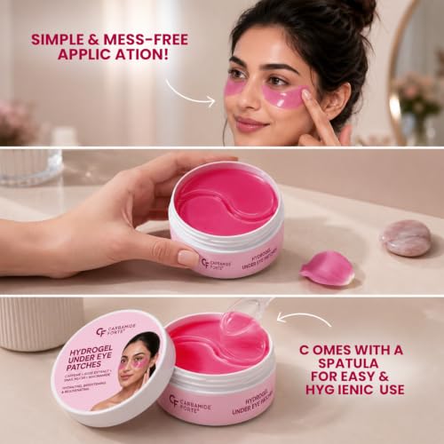 Image of Carbamide Forte Hydrogel Under Eye Patches For Dark Circles | Under Eye Mask with Caffeine, Rose Extract, Niacinamide | Reduces Dark Circles & Puffiness | Hydrating & Brightening Eye Patches | 60 Patches (30 Pairs)