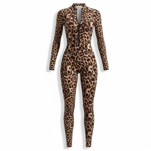 Xzella Women's Zipper Leopard Print Long Sleeve Slim Fit Jumpsuit for Party/Activewear (Mixed colors 4, X-Small)