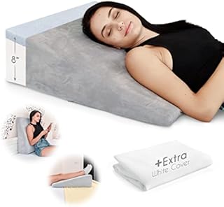 Bed Wedge Pillow Cooling Memory Foam Top – Elevated Support Cushion for Back & Neck Pain, Acid Reflux, Heartburn, Allergies & Snoring – Includes A EXTRA Ultra Soft White Washable Cover – 8 Inch Wedge