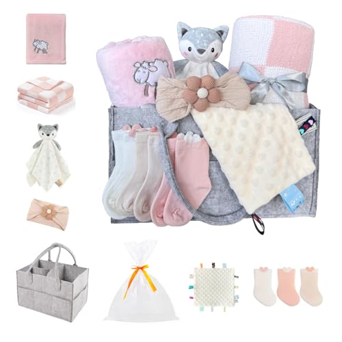Image of CREVENT Gift Set for Girls -Diaper Caddy Organizer Basket with 2 Blankets, 1 Taggie, 1 Lovey, 3 Socks，1 Headband，1 Gift Bag with Ribbon - Newborn Essential Baby Shower (Pink)