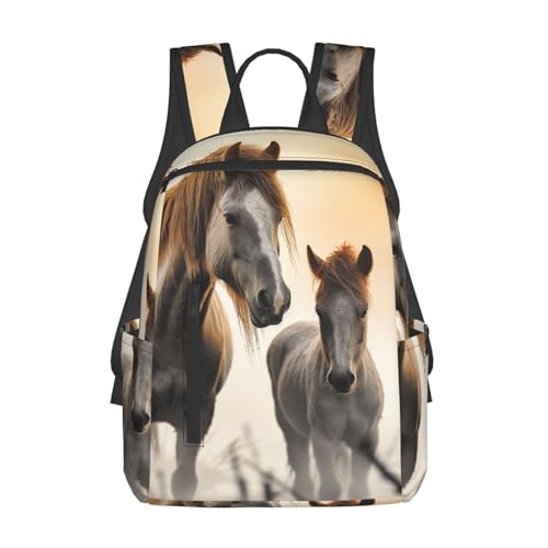 Casual Backpack for Women Men Two Horses in the Fog Lightweight Daypack Large Capacity Nurse Bag