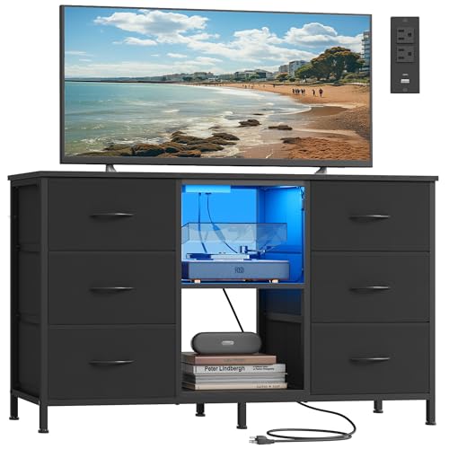 SONGMICS BELLAH Collection - TV Stand for TVs Up to 55 Inches Dresser for Bedroom Living Room Chest of Drawers Steel 6 Drawers and 2 Shelves Modern Ink Black ULGS032B101S
