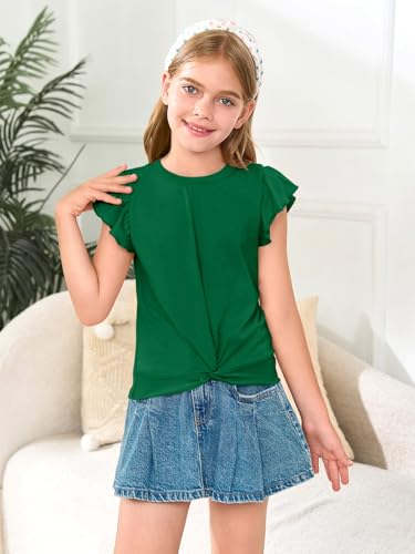 Image of Haloumoning Girls Ruffle Sleeve T Shirts Summer Crewneck Shirt 5-14 Years | Flutter Ruffle Short Sleeve, Twist Front, Casual, Solid, Loose Fit, Tees Tops