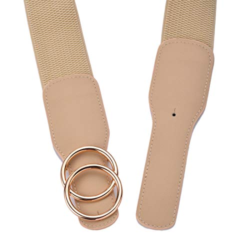Beltox Women’s Elastic Stretch Wide Waist Belts W Double Rings Gold/Silver Buckle (Khaki W Gold Buckle, Xs-L(27-35 Inch Stretch Range)) #TOP2