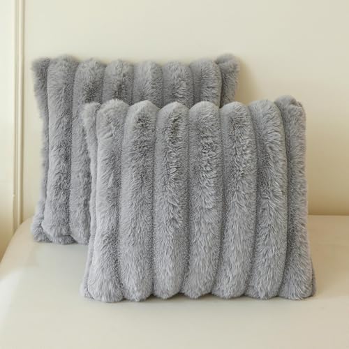 MEGO Faux Rabbit Fur Ribbed Throw Pillow Covers 20x20 Set of 2, Light Grey