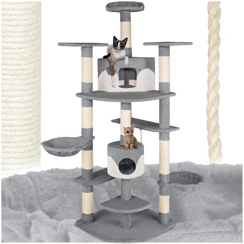 tectake® Tiragraffi per Gatti, Albero con 2 Casette, 4 Piattaforme, Tiragraffi con Amaca per Gatti, Albero con Conche Orientabili e Cordicella per Gioco - 201 cm - Grigio/Bianco
