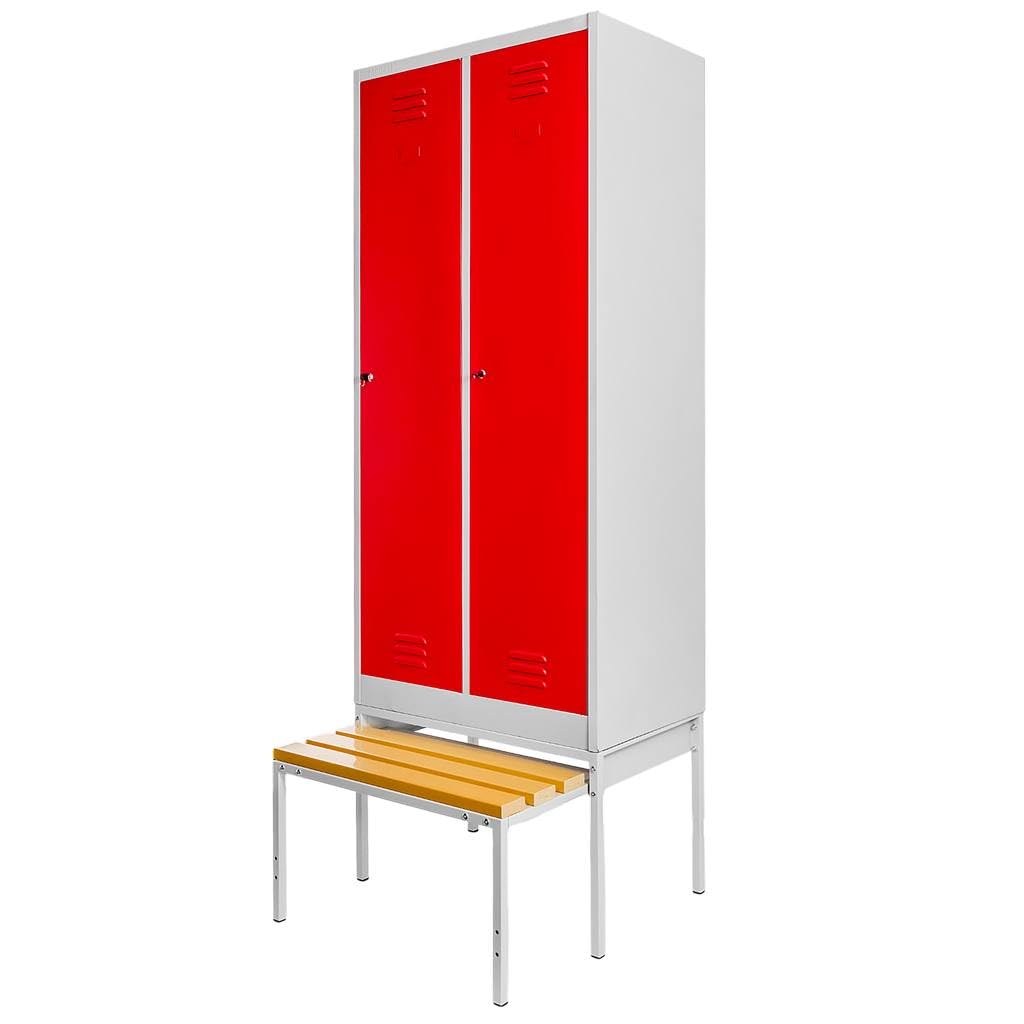 MEGA-M Podstawa do szafki BHP 80 z wysuwaną ławeczką WPC | metalowy stelaż, siedzisko chowane pod szafkę, 80 × 80 × 43 cm, do szatni i pomieszczeń socjalnych