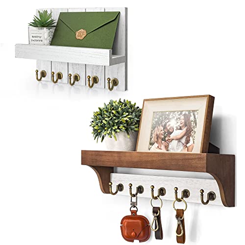 Rebee Vision Key Holder For Wall Set : 10" Key Rack And 14" Key Rack With 5 Bronze Hooks For Farmhouse Entryway, Bedroom, Living Room, Bathroom, Kitchen - White & Brown #TOP17