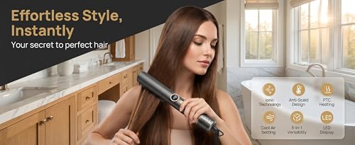 Cepillo alisador profesional iónico con aire caliente - Alisador para cabello de calentamiento rápido con función de aire frío, enchufe UE, pantalla LCD y protección contra quemaduras - Negro miniatura 7